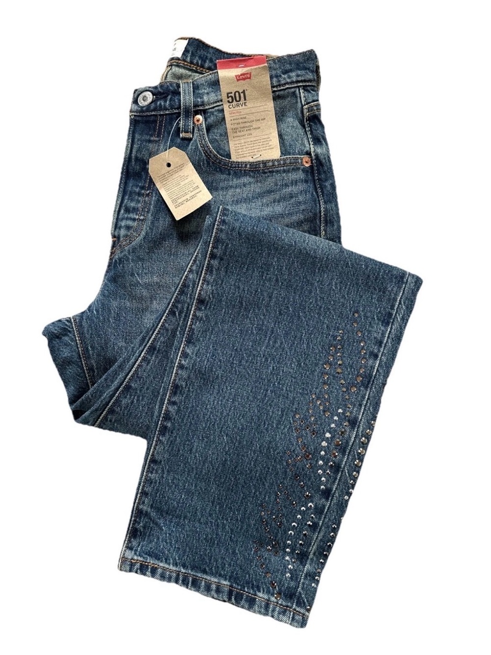 New LEVI'S 501 CURVE Stud Embellished JEANS Sz 28 Sequins Western Denim Cowgirl